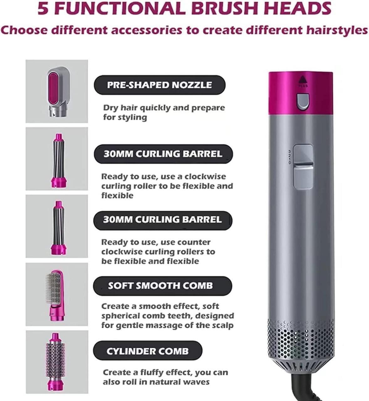 AS 5 in 1 Multifunctional Hair Dryer Styling Tool, Detachable 5-in-1 Multi-Head Hot Air Comb, The Negative Ion Automatic Suction Hair Curler